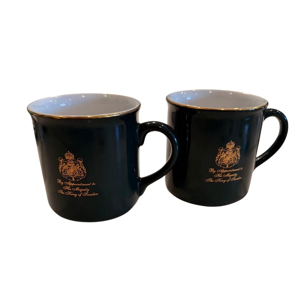 Gevalia Kaffe Set of 2 Black Royal Crest Coffee Mugs King‎ Sweden Excellent
